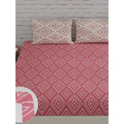 Huesland Peach & White Printed Cotton 144 TC King Fitted Bedsheet With 2 Pillow Covers-picture-19