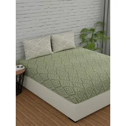 Huesland Sea Green Geometric Printed Cotton Fitted 144 TC King Bedsheet & 2 Pillow Covers-image-36