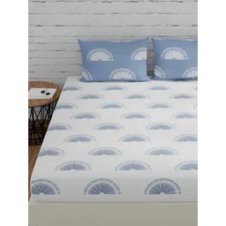 Huesland sunrise White & Blue Geometric 144 TC Cotton King Bedsheet with 2 Pillow Covers-picture-29