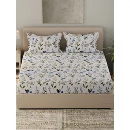 Huesland White & Blue Floral Printed Cotton 210 TC Queen Bedsheet Set 2.54 m x 2.23 m-image-42
