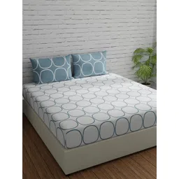 Huesland White & Blue Geometric 144 TC Cotton Queen Bedsheet & 2 Pillow Covers-picture-26