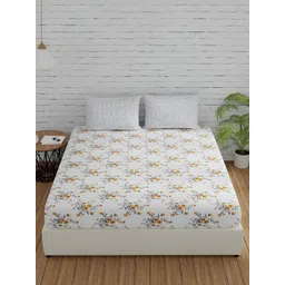 Huesland White & Grey Floral Printed Cotton 144 TC Queen Bedsheet with 2 Pillow Covers-picture-30