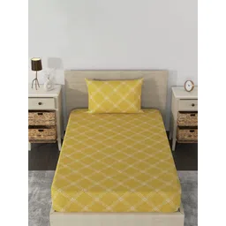 Huesland Yellow & White Printed 186 TC Cotton Fitted Single Bedsheet & 2 Pillow Covers-image-10
