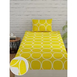 Huesland Yellow Geometric Printed Cotton 144 TC Single Fitted Bedsheet & 1 Pillow Cover-picture-34