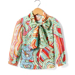 Hugsntugs Cotton Full Sleeves Abstract Printed & Neck Tie Up Detailed Shirt Style Top - Red-picture-10