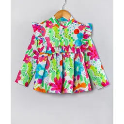 Hugsntugs Cotton Woven Full Sleeves Floral & Abstract Printed With Frill Detailed Top - Multi Colour-picture-22