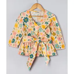 Hugsntugs Cotton Woven Full Sleeves Floral Printed Belted Top - Peach-picture-27