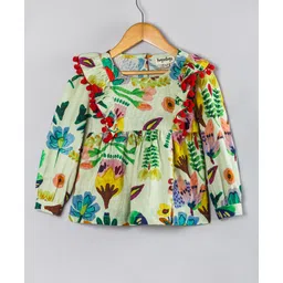 Hugsntugs Cotton Woven Full Sleeves Floral Printed Pom Pom Embellished Top - Multi Colour-picture-27