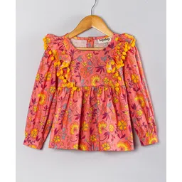 Hugsntugs Cotton Woven Full Sleeves Floral Printed Pom Pom Embellished Top - Peach-picture-26