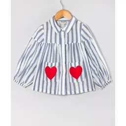 Hugsntugs Cotton Woven Full Sleeves Striped & Hearts Embroidered Top - White & Blue-picture-26
