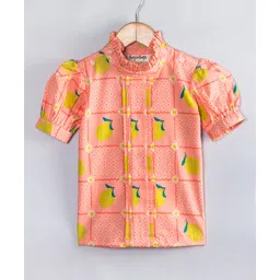 Hugsntugs Cotton Woven Half Puffed Sleeves Floral & Lemons Printed Top - Peach-picture-20
