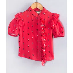 Hugsntugs Cotton Woven Half Puffed Sleeves Toucans Printed Shirt Style Top - Red-picture-14