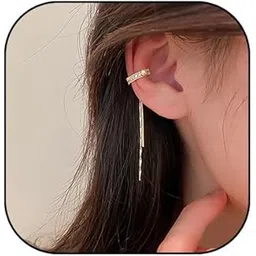 hujuon Crystal Ear Cuff for Women Girls Rhinestone Long Tassel Ear Clip on Cartilage Sparkling Non-Piercing Cuff Earrings Chain Jewelry Gifts-picture-45