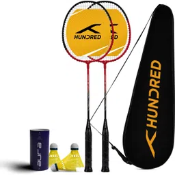 hundred Powertek 100 (2 Strung Rackets with 1 Full Cover) & 3pc Aura Nylon Shuttlecocks Badminton Kit-picture-22