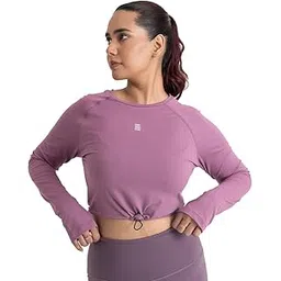 hunnit Full Sleeve Crop Top for Women with Adjustable Waist | Round Neck with Raglan Sleeves | 4 Way Stretch | Moisture Wicking Fabric | Activewear for Gym Workout, Yoga-picture-21