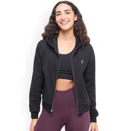 Hunnit Women Cotton Solid Full Zipper Cuff Sleeves Hooded Jacket-picture-10