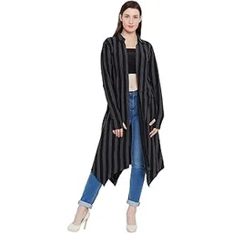 hypernation Black and Grey Stripe Cotton Blend Long Shrug for Women(HYPW02358)-picture-12