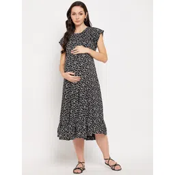 Hypernation Black Floral Print Flutter Sleeve Maternity Empire Midi Dress-picture-16