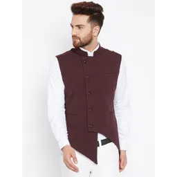 Hypernation Brown Self Designed Pure Cotton Nehru Jacket-picture-31