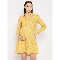 Hypernation Floral Printed Shirt Collar Cuffed Sleeves Maternity Shirt Dress-picture-23