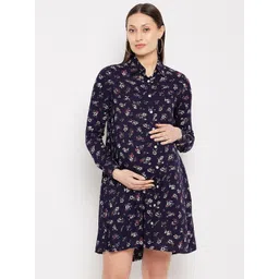 Hypernation Floral Printed Shirt Collar Cuffed Sleeves Maternity Shirt Dress-picture-31