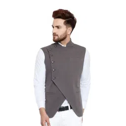 Hypernation Grey Mandarin Collar Cotton Slim Fit Waistcoat-picture-16