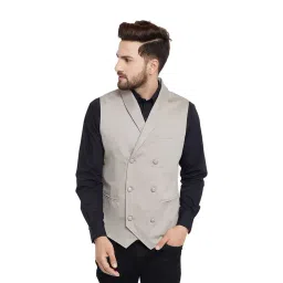 Hypernation Grey Sleeveless Solid Slim Fit Waistcoat-picture-30