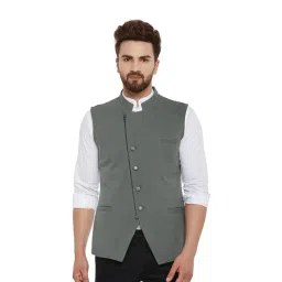 Hypernation Grey Solid Mandarin Collar Waistcoat-picture-33