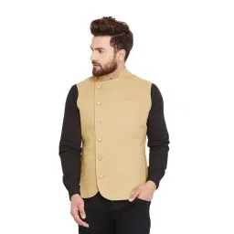 Hypernation Khaki Slim Fit Cotton Solid Waistcoat-picture-41