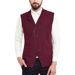 hypernation Maroon Color Side Button and Zipper Cotton Waistcoat for Men-picture-43