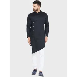 Hypernation Men Black Mandarin Collar Asymmetric Hem Kurta-picture-24