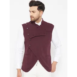Hypernation Men Burgundy Solid Pure Cotton Nehru Jacket-picture-11