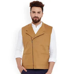 Hypernation Men Khaki-Coloured Solid Woven Pure Cotton Nehru Jacket-picture-28