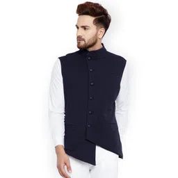Hypernation Men Navy Blue Solid Nehru Jacket-picture-25