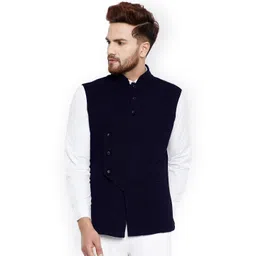 Hypernation Men Navy Blue Solid Pure Cotton Nehru Jacket-picture-24