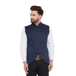 Hypernation Navy Mandarin Collar Printed Waistcoat-picture-43