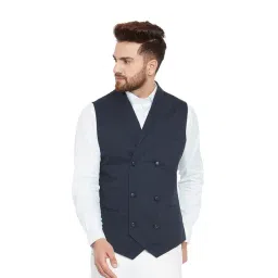 Hypernation Navy Printed Slim Fit Sleeveless Waistcoat-picture-21