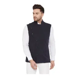 Hypernation Navy Sleeveless Mandarin Collar Waistcoat-picture-24