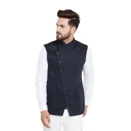 Hypernation Navy Slim Fit Sleeveless Solid Waistcoat-picture-11