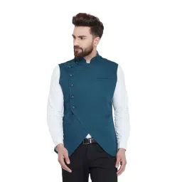 Hypernation Teal Blue Mandarin Collar Cotton Waistcoat-picture-43