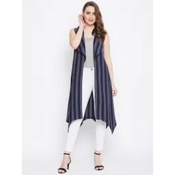 Hypernation Women Blue & Grey Striped Cotton Blend Longline Shrug-image-23