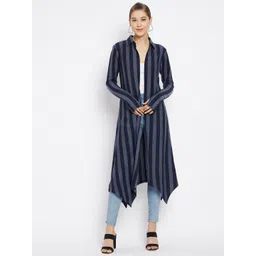 Hypernation Women Blue & Navy Blue Striped Longline Shrug-picture-22