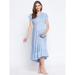 Hypernation Women Blue Floral Maternity A-Line Midi Dress-picture-35