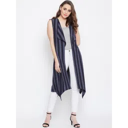 Hypernation Women Navy Blue & Grey Striped Open Front Shrug-picture-21