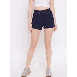 Hypernation Women Navy Blue Slim Fit High-Rise Denim Shorts-picture-38