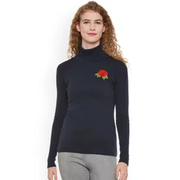 Hypernation Women Navy Blue Solid Turtle Neck Pure Cotton T-shirt-picture-32