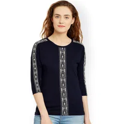 Hypernation Women Navy Solid Round Neck Slim Fit T-shirt-picture-24