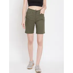 Hypernation Women Olive Green Solid Slim Fit Regular Shorts-picture-21