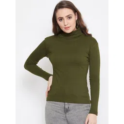 Hypernation Women Olive Green Solid Turtle Neck Pure Cotton T-shirt-picture-27