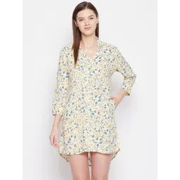 Hypernation Women Yellow & Blue Printed Nightdress-image-35